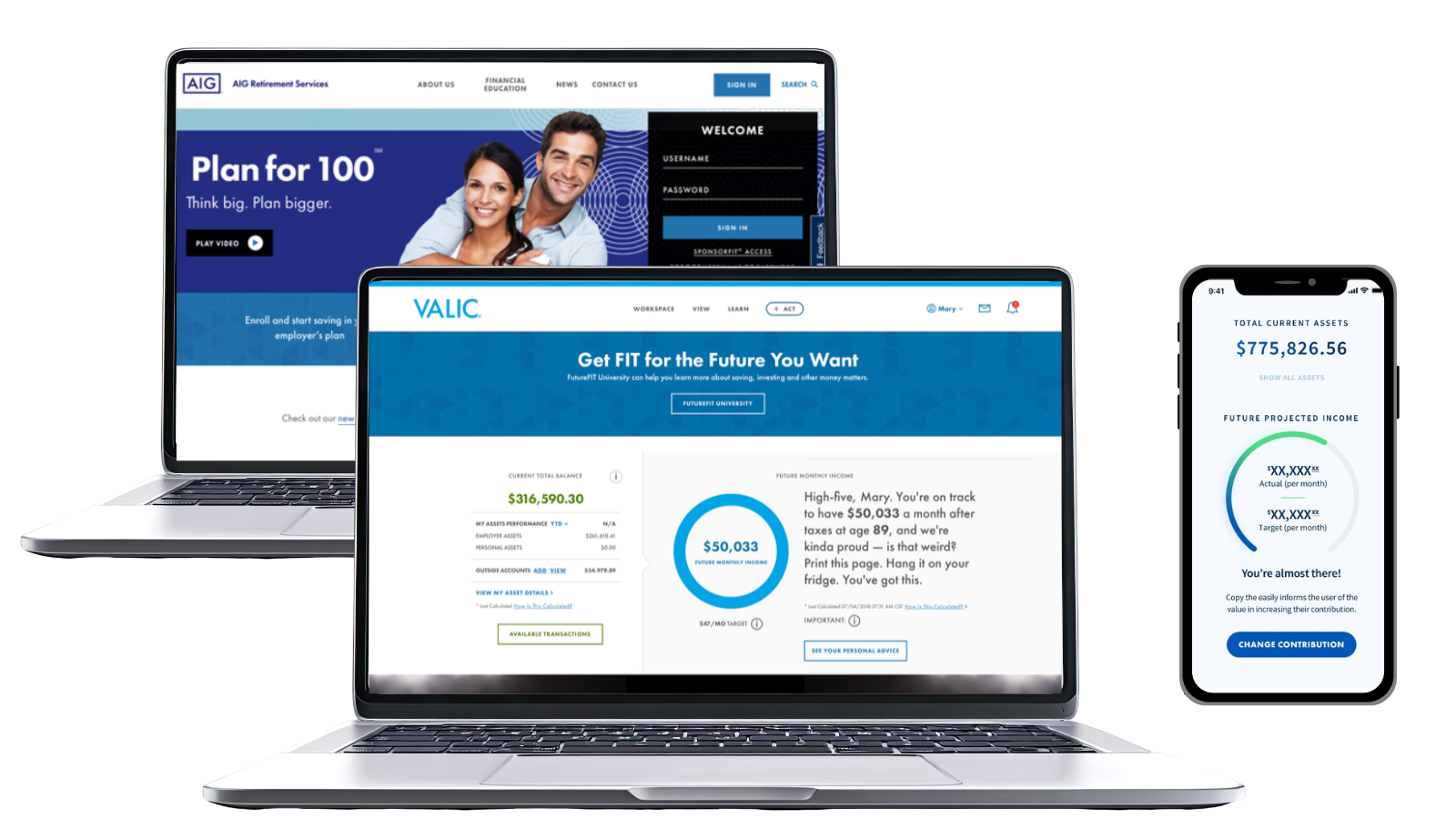 Laptop screen showing a public facing screen with login, and the landing screen for an employee planning for retirement