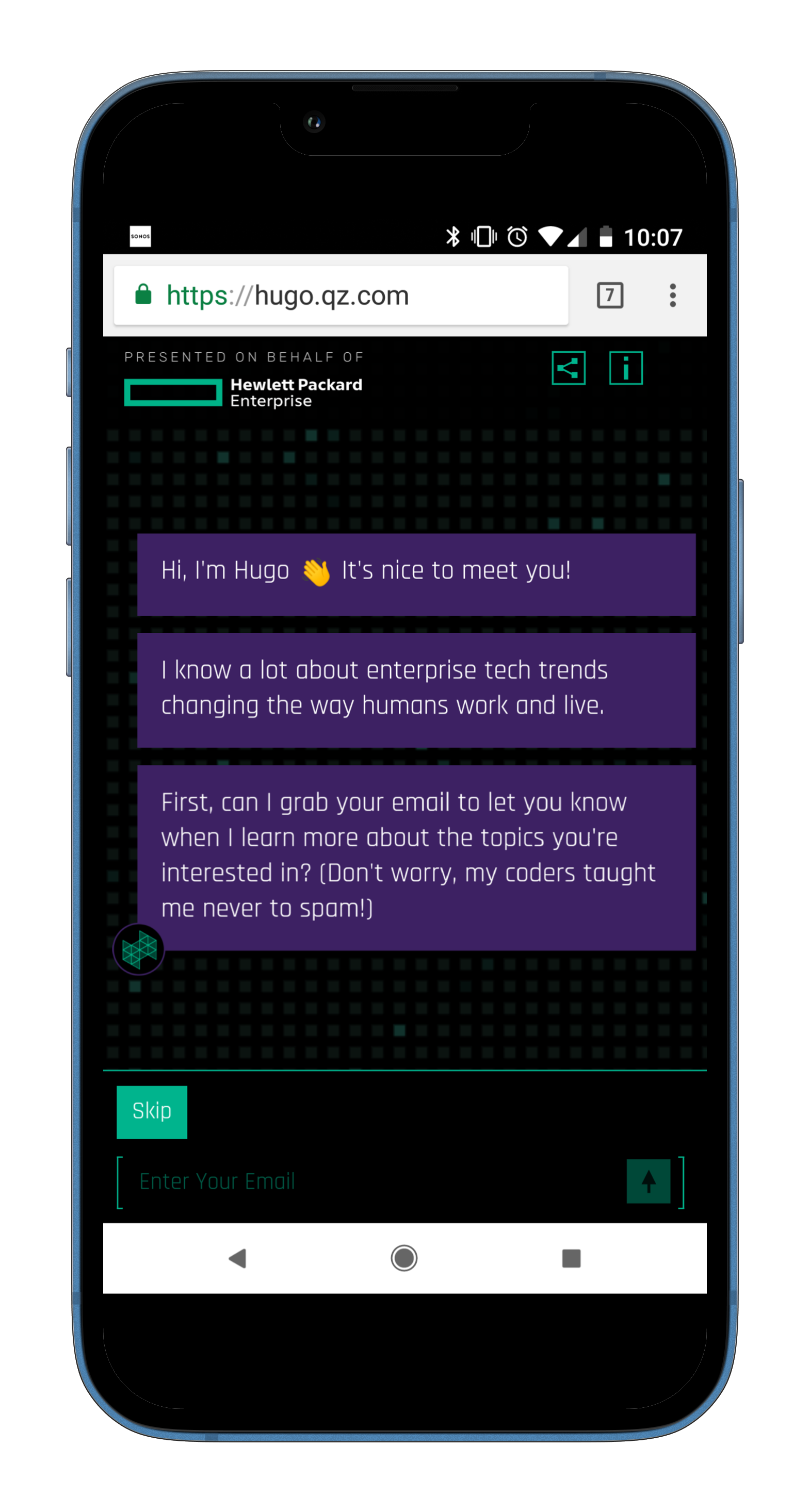 Mobile phone screen displaying a chatbot named Hugo with options for security and robotics.