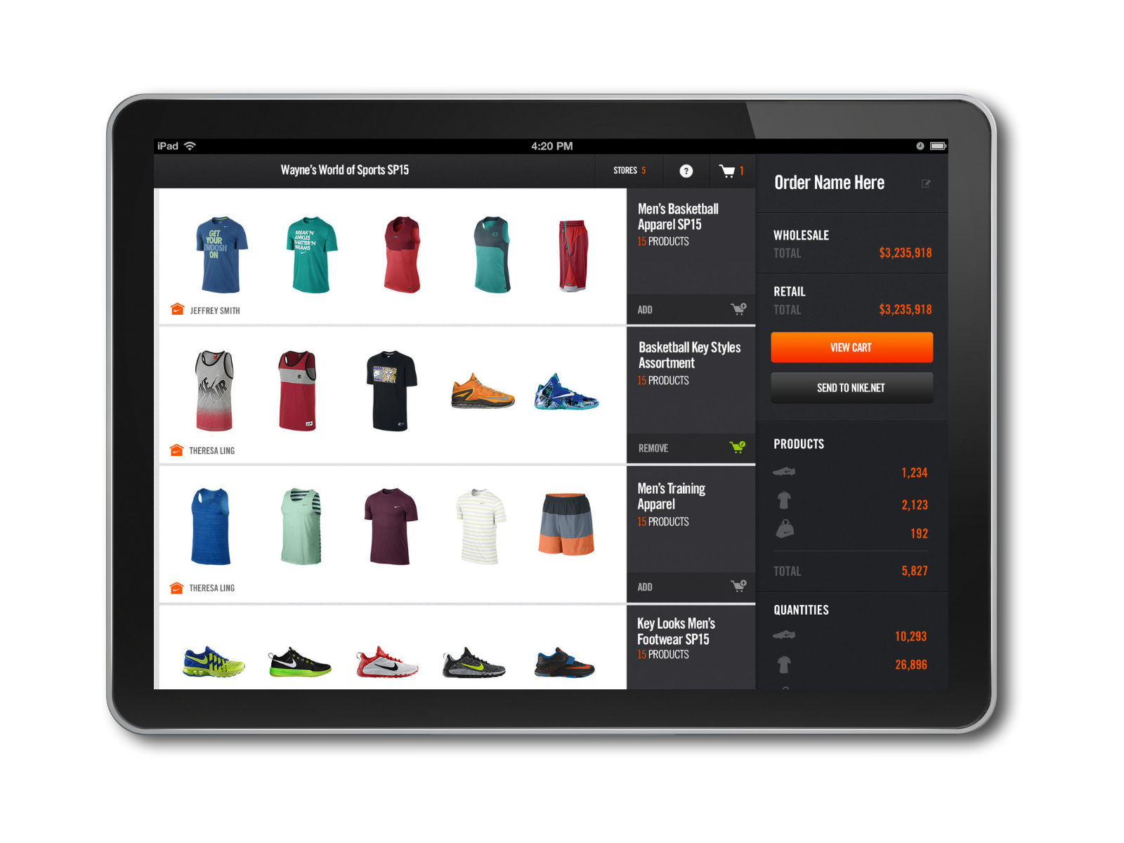 Tablet screen showing sports apparel and footwear online shopping cart.