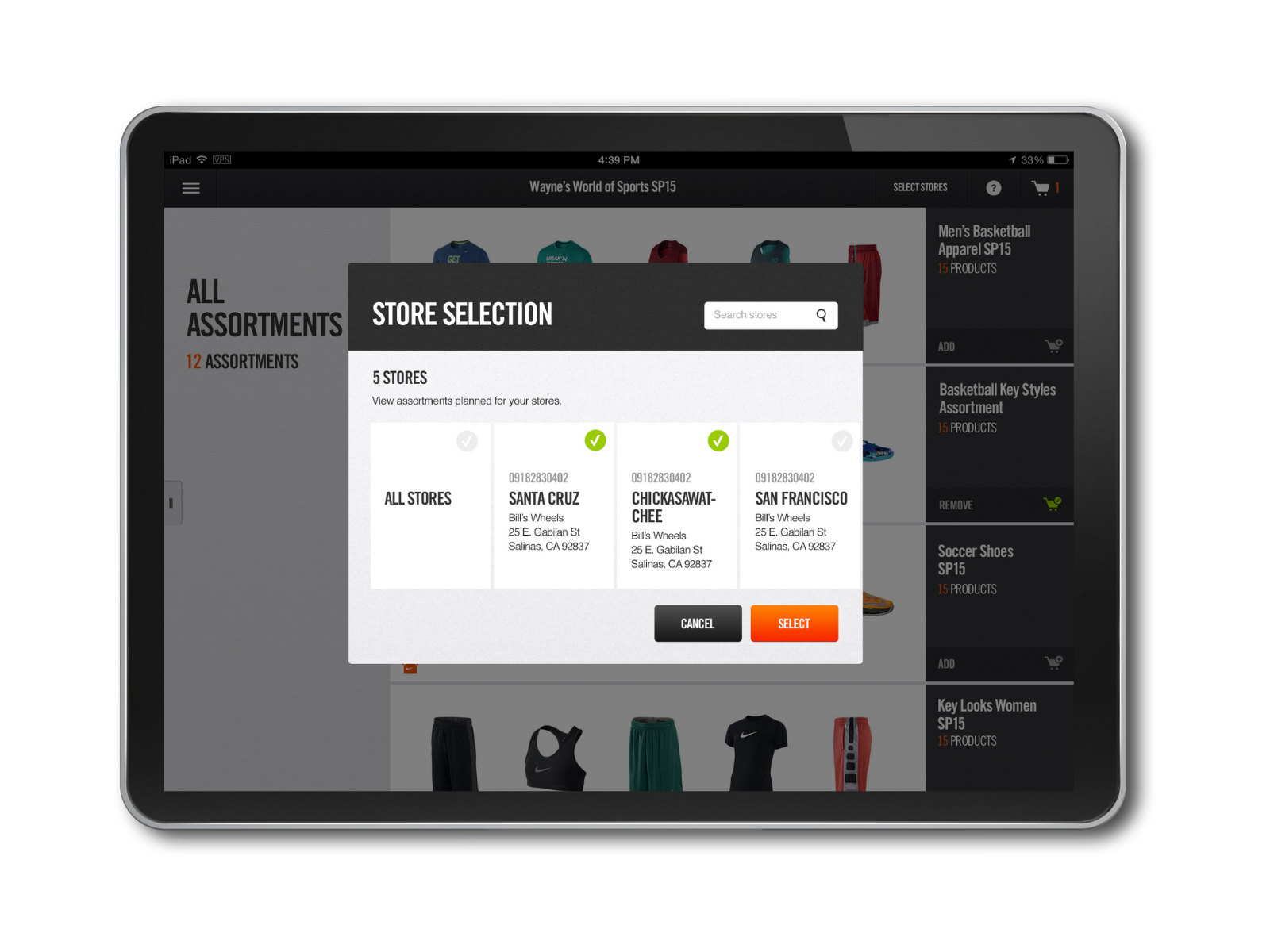 A tablet screen displaying a sports apparel online store with a store selection popup for five stores.