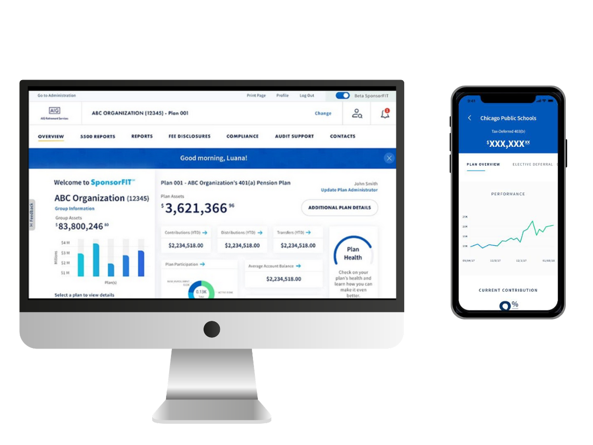Computer monitor displaying an online report dashboard for a pension plan and a smartphone chart.
